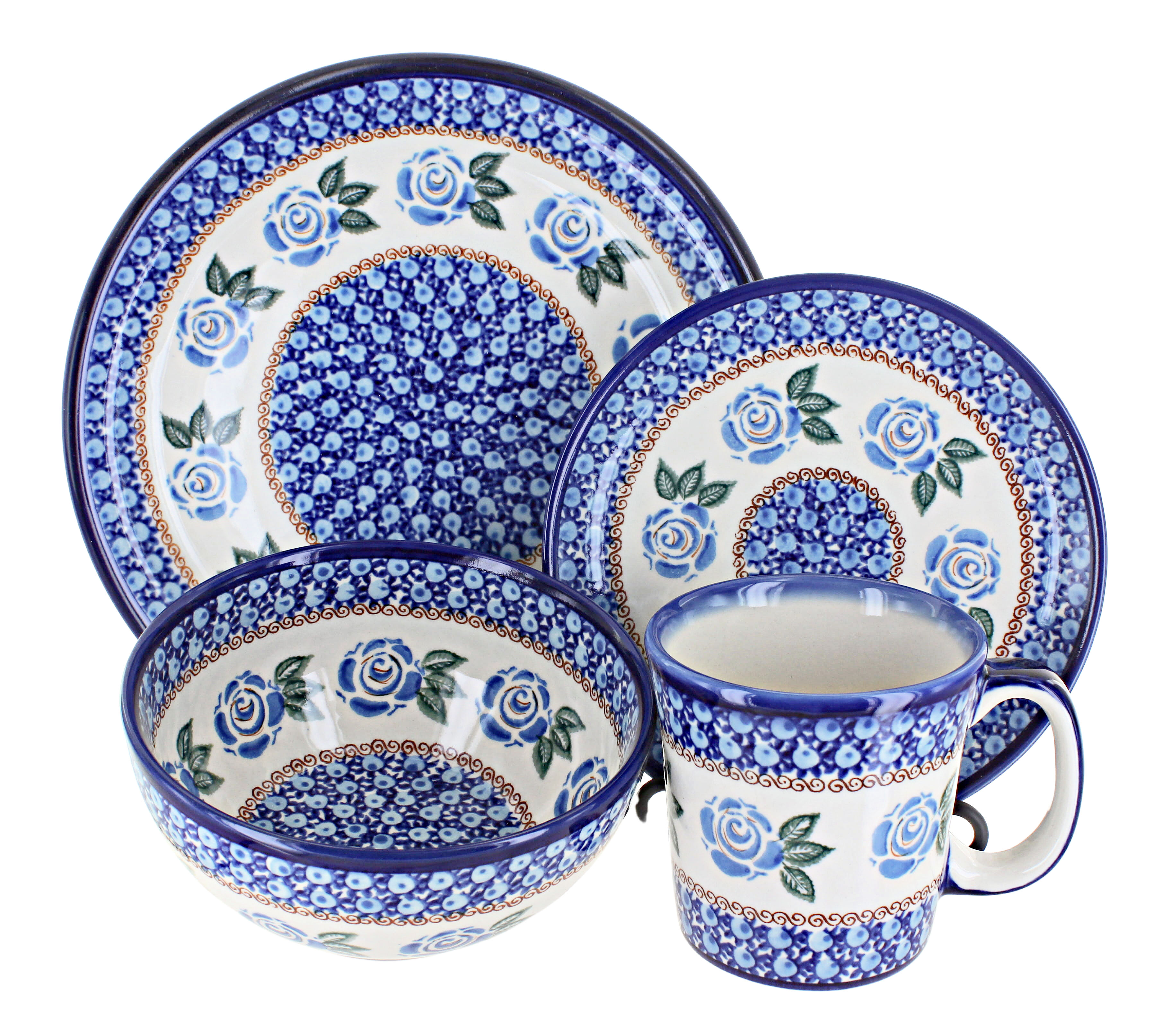 Blue Rose Polish Pottery Roses Are Blue 4 Piece Place Setting