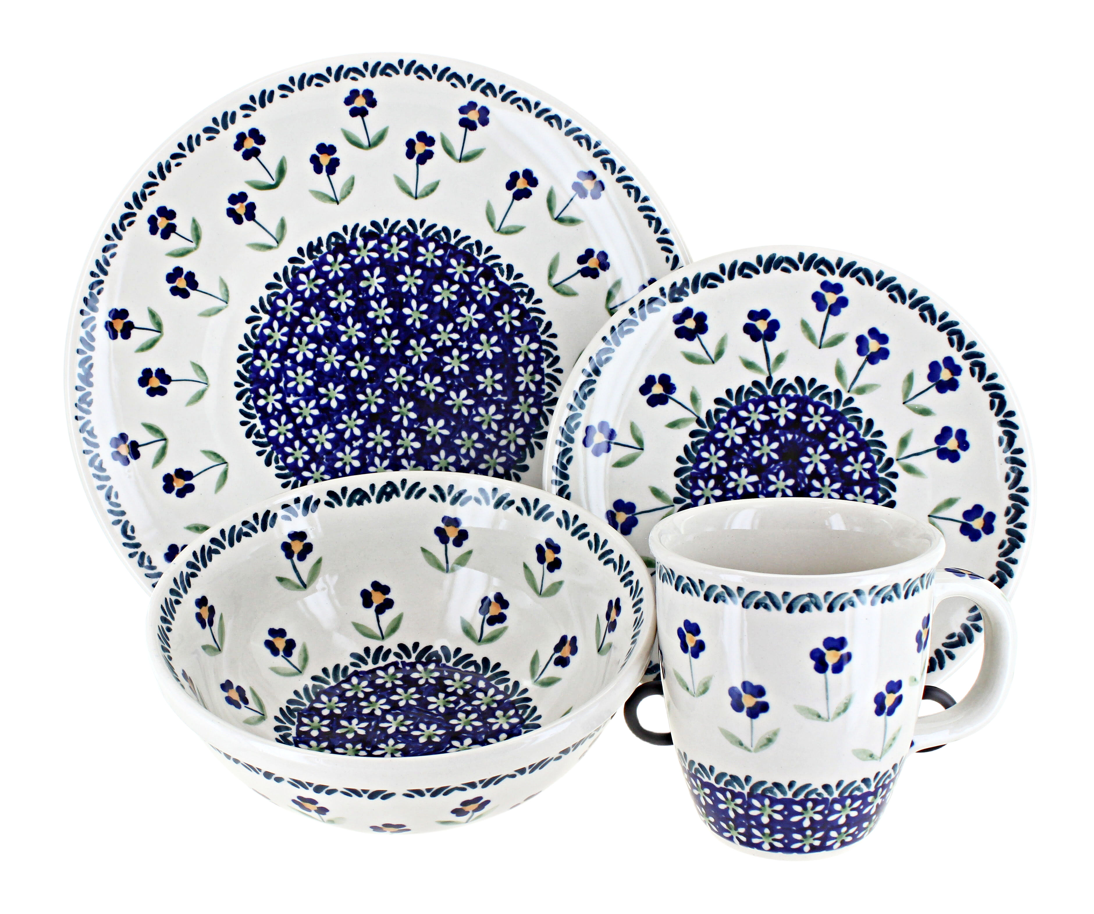 Blue Rose Polish Pottery | Blue Daisy 4 Piece Place Setting - Service For 1