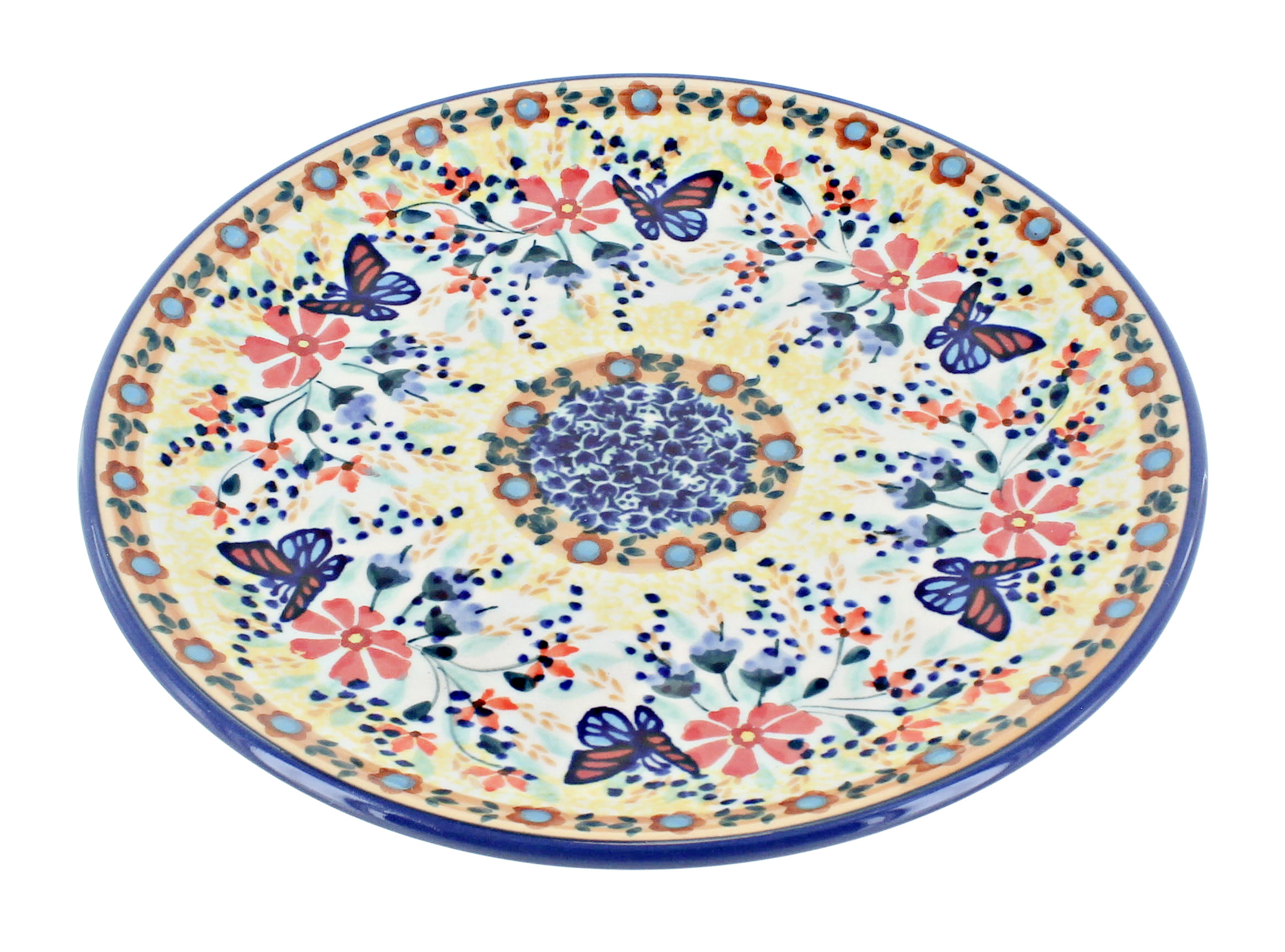 Blue Rose Polish Pottery | Blue Butterfly Dessert Plate