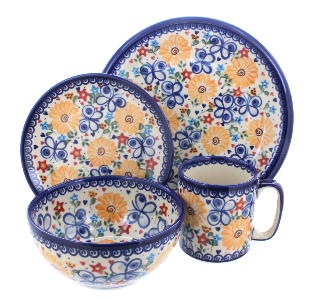 Blue Rose Polish Pottery | Butterfly 4 Piece Place Setting - Service For 1