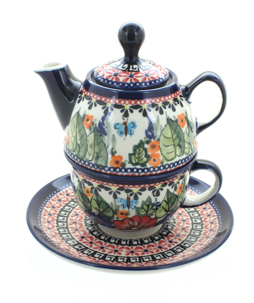 Sunflower Teapot and Tea Cup Set for One Polish Pottery 