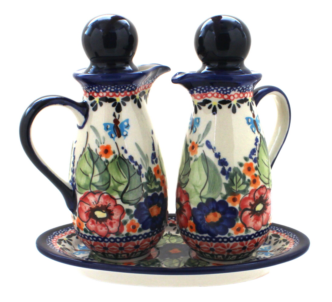 Blue Rose Polish Pottery Floral Butterfly Oil Vinegar Set