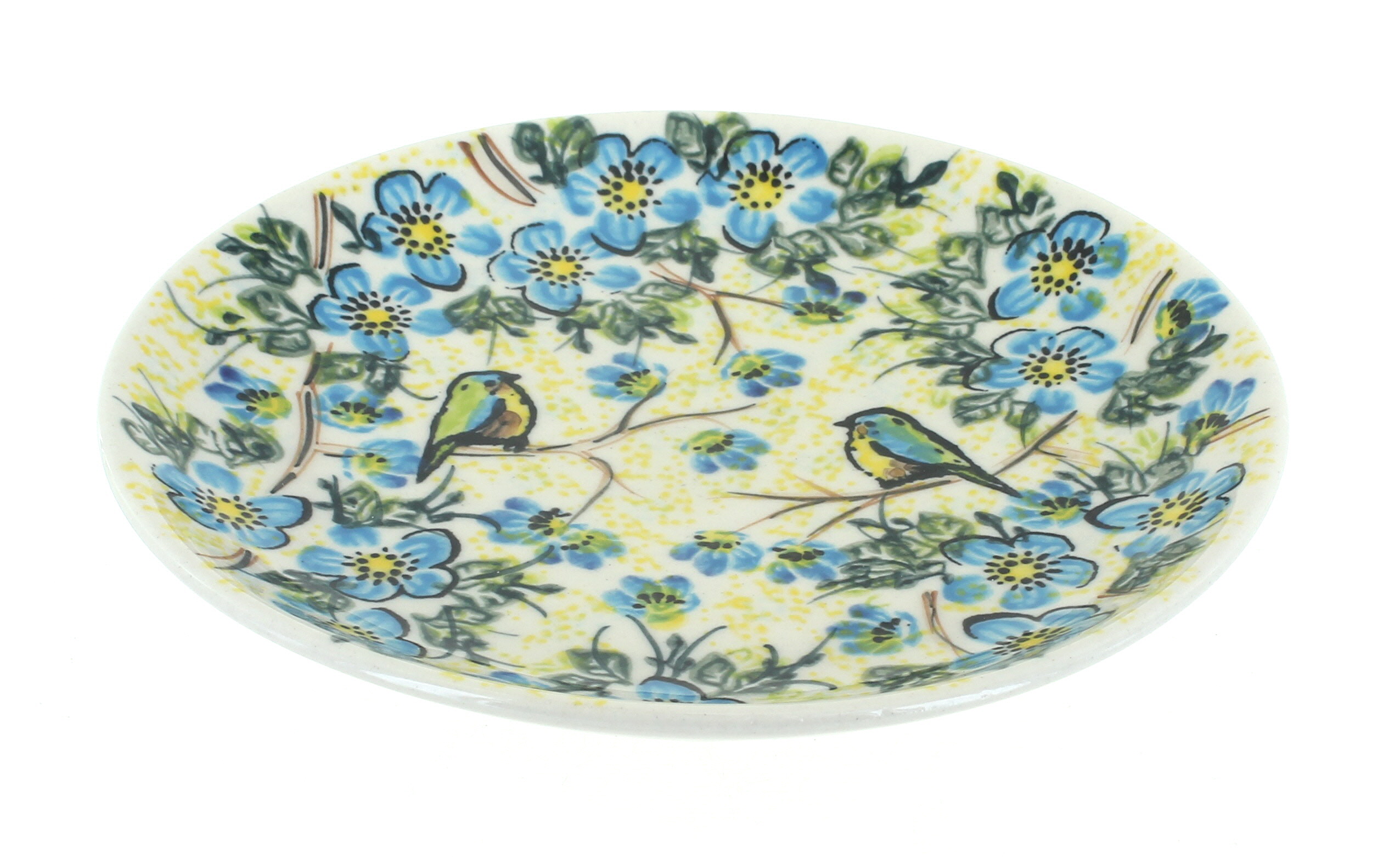 Blue Rose Polish Pottery | Bluebird Garden Dessert Plate