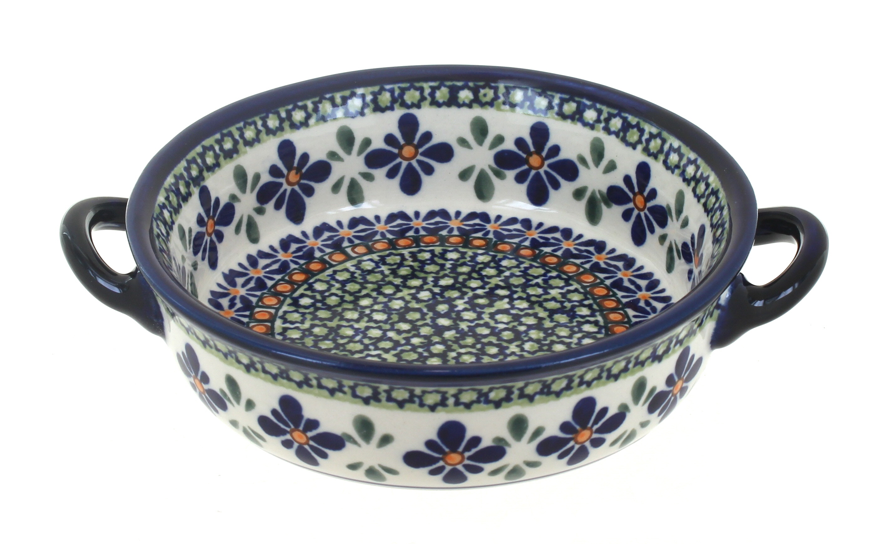 Blue Rose Polish Pottery | Mosaic Flower Small Baker With Handles