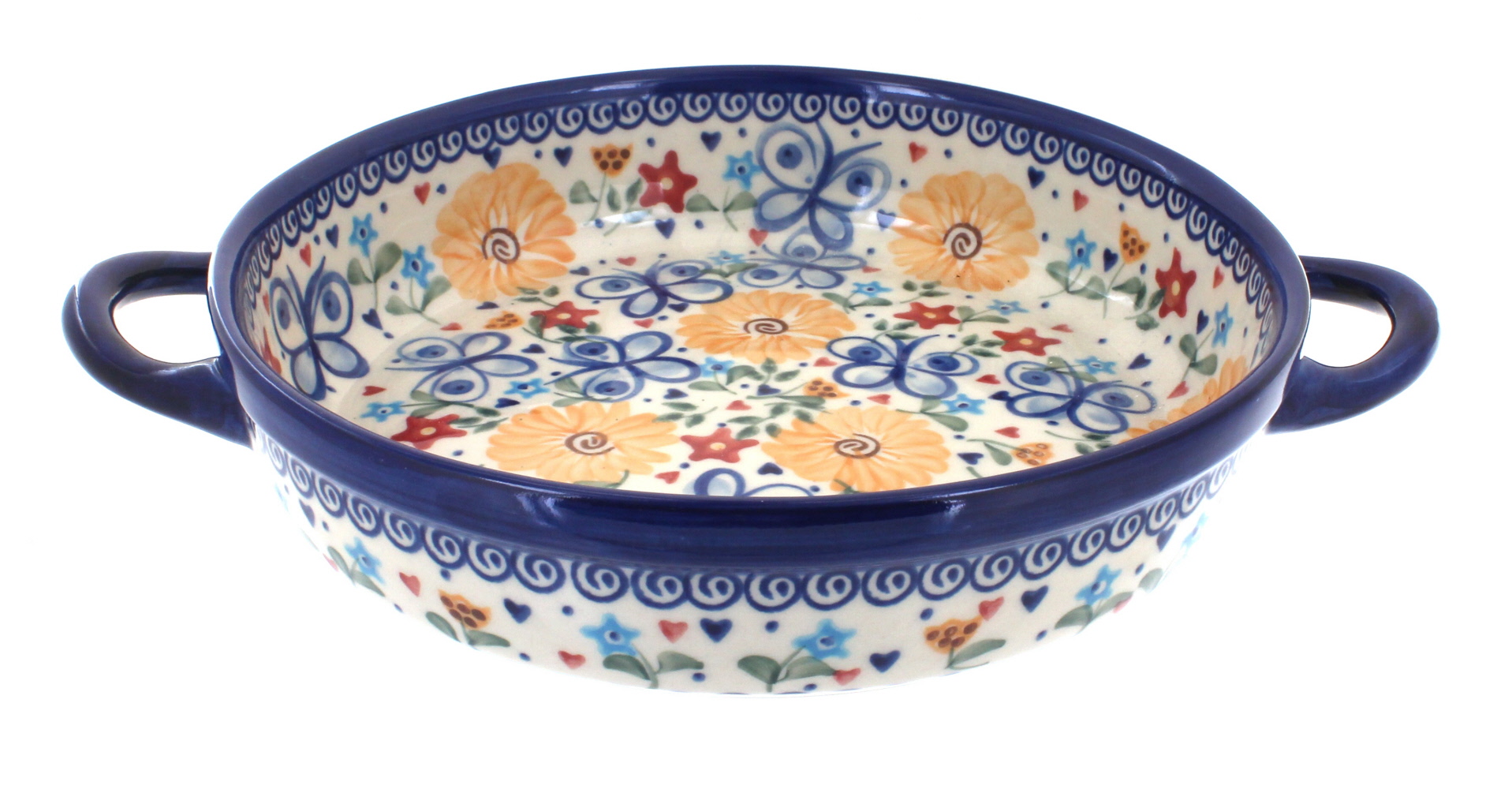 Blue Rose Polish Pottery | Butterfly Small Round Baker With Handles