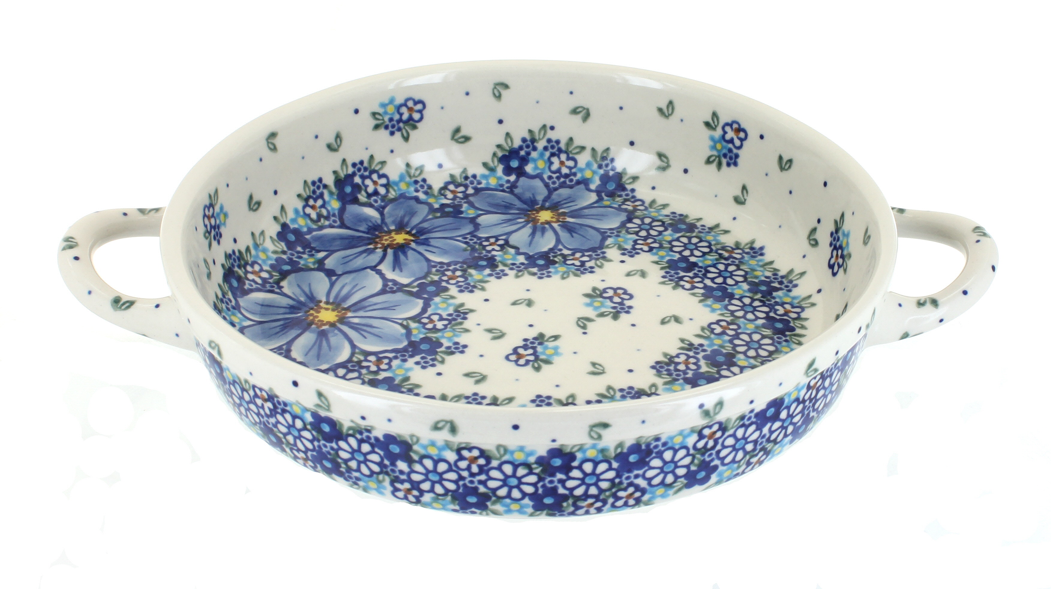 Blue Rose Polish Pottery | Blue Starflower Small Round Baker With Handles