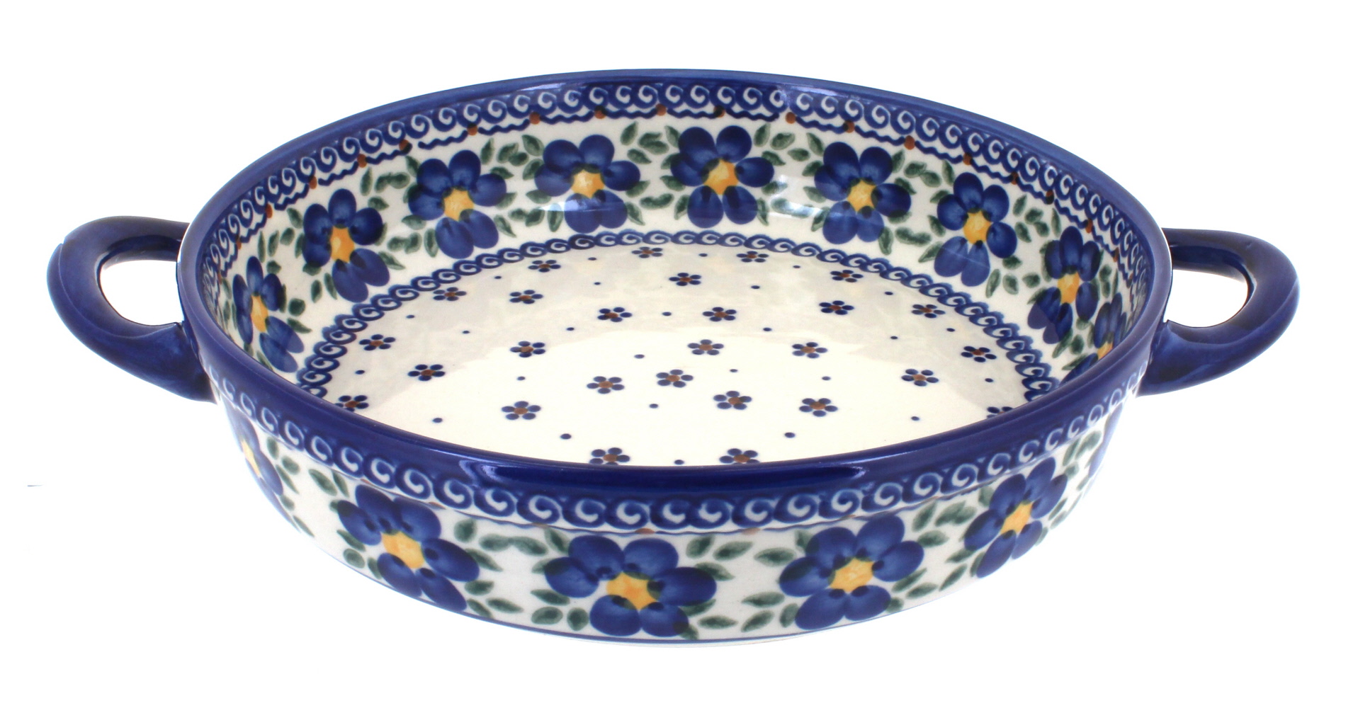 Blue Rose Polish Pottery | Spring Blossom Small Round Baker With Handles