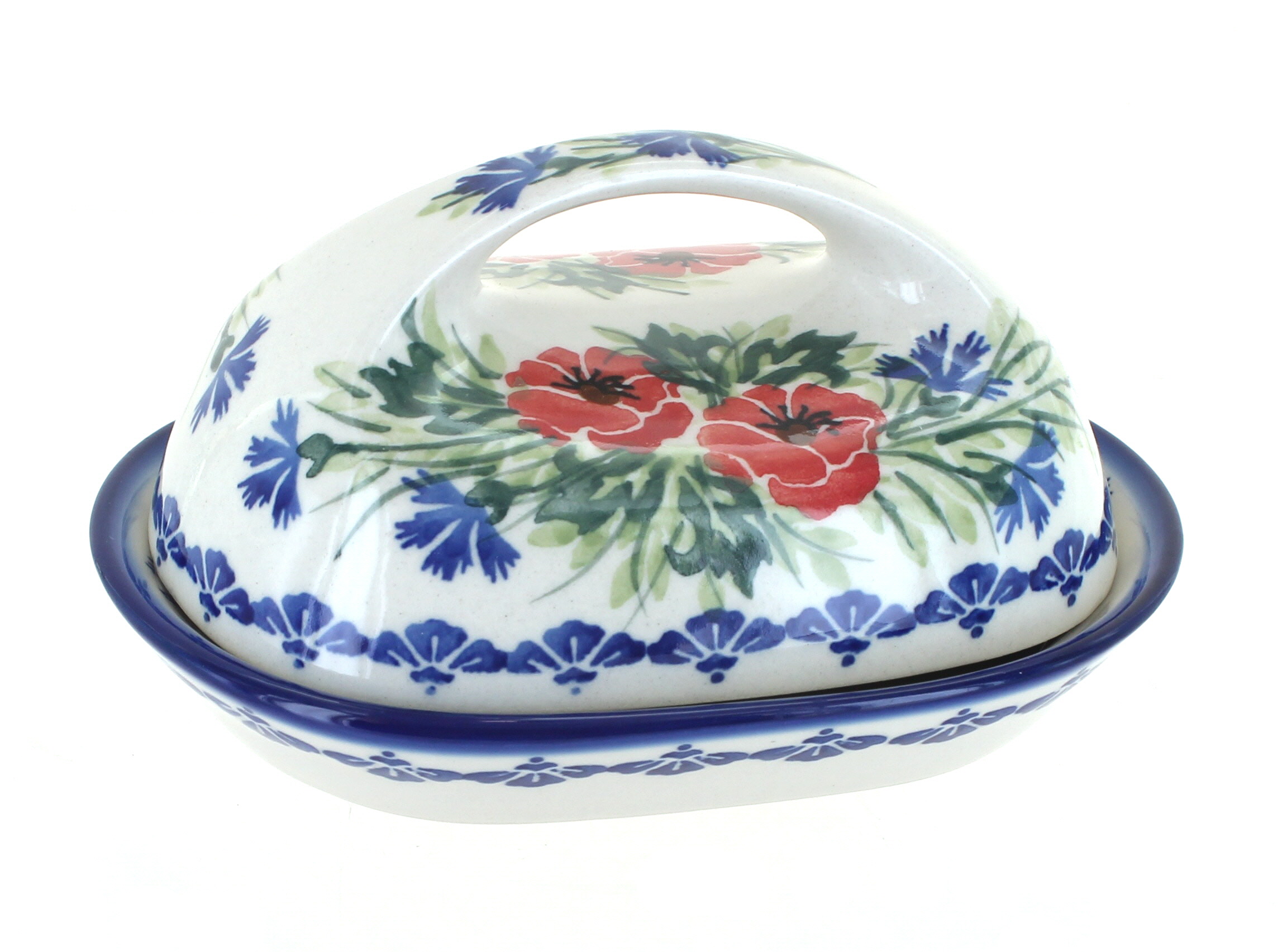 Blue Rose Polish Pottery | Cherry Red Bouquet Butter Dish