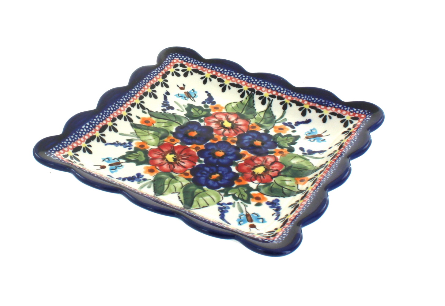 Blue Rose Polish Pottery | Floral Butterfly Square Small Dessert Plate