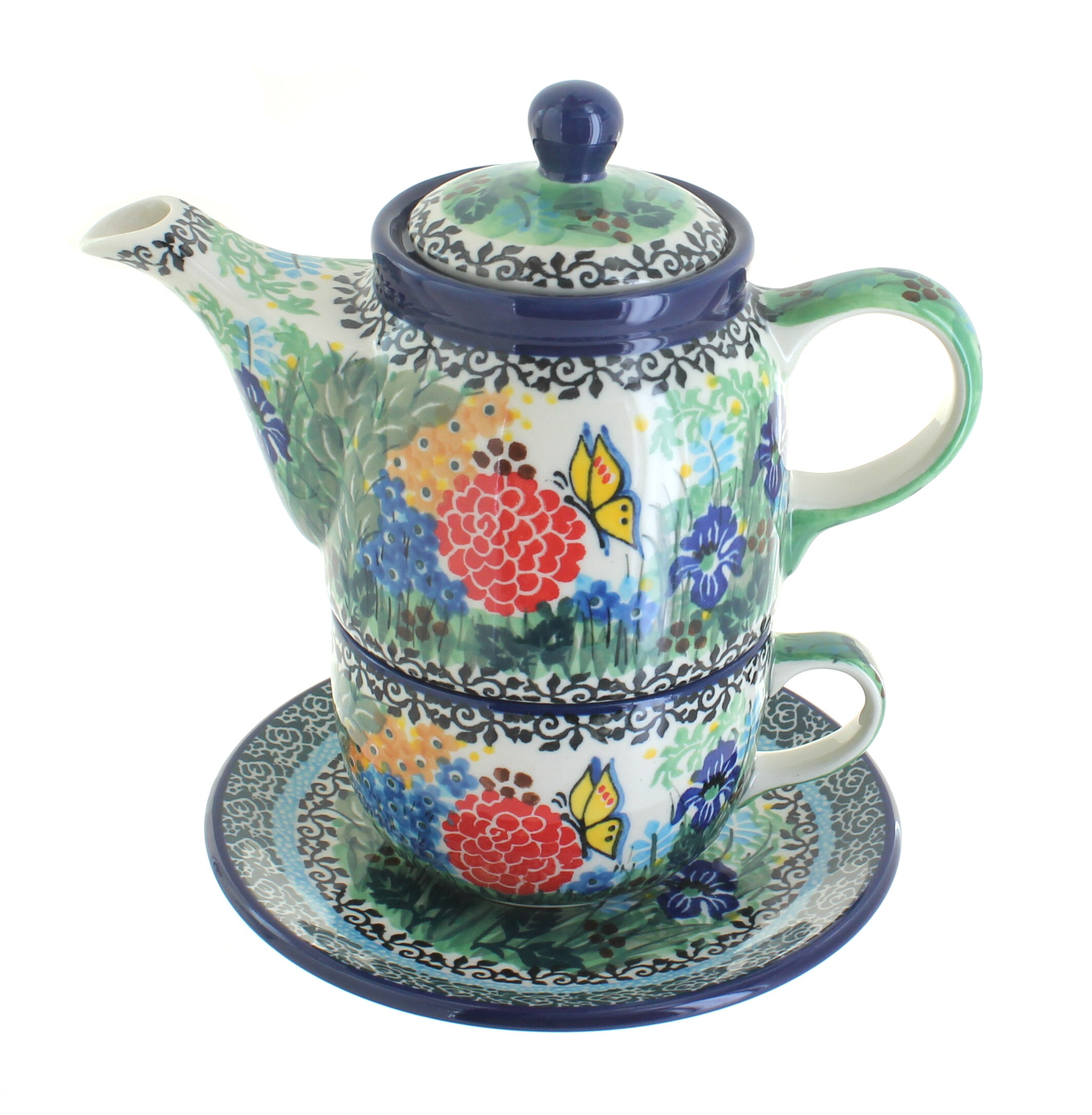 Sunflower Teapot and Tea Cup Set for One Polish Pottery 