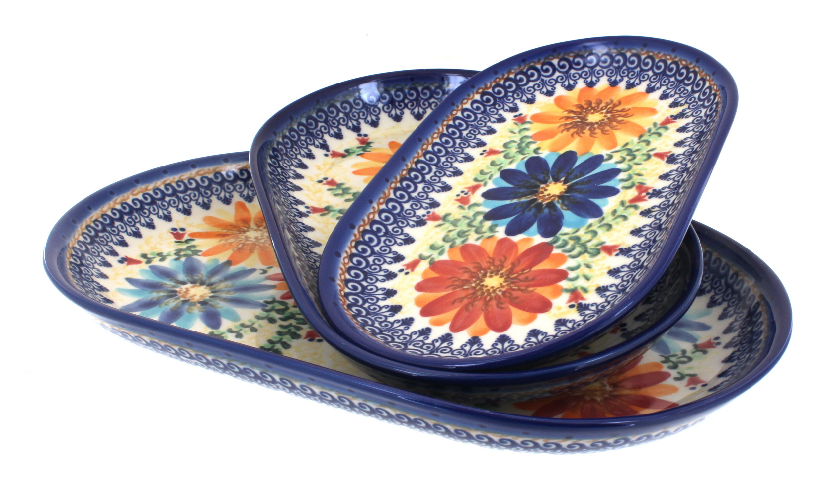 Blue Rose Polish Pottery Autumn Burst 3 Piece Oval Server Set 