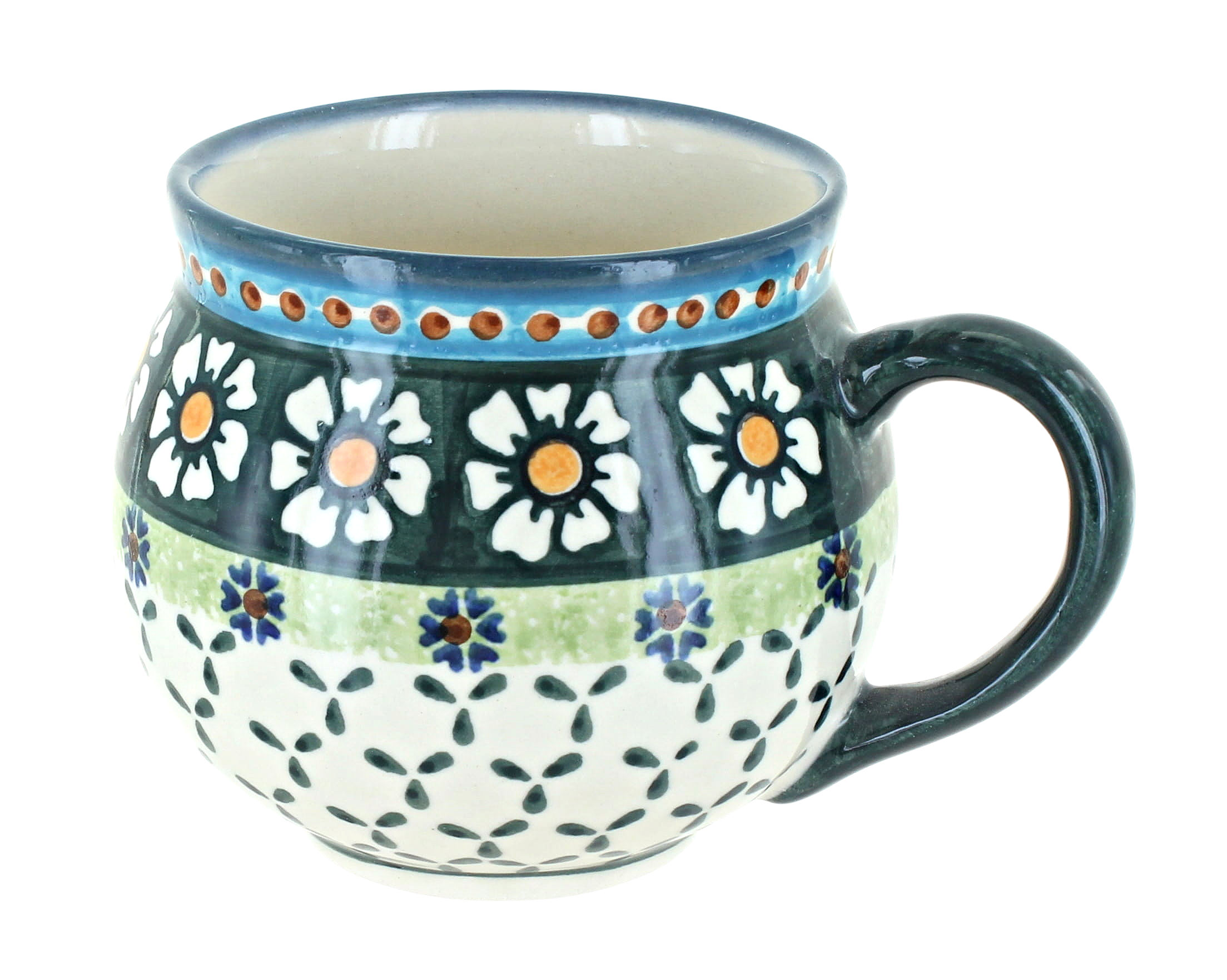 Blue Rose Polish Pottery | Country Green Daisy Bell Shaped Mug