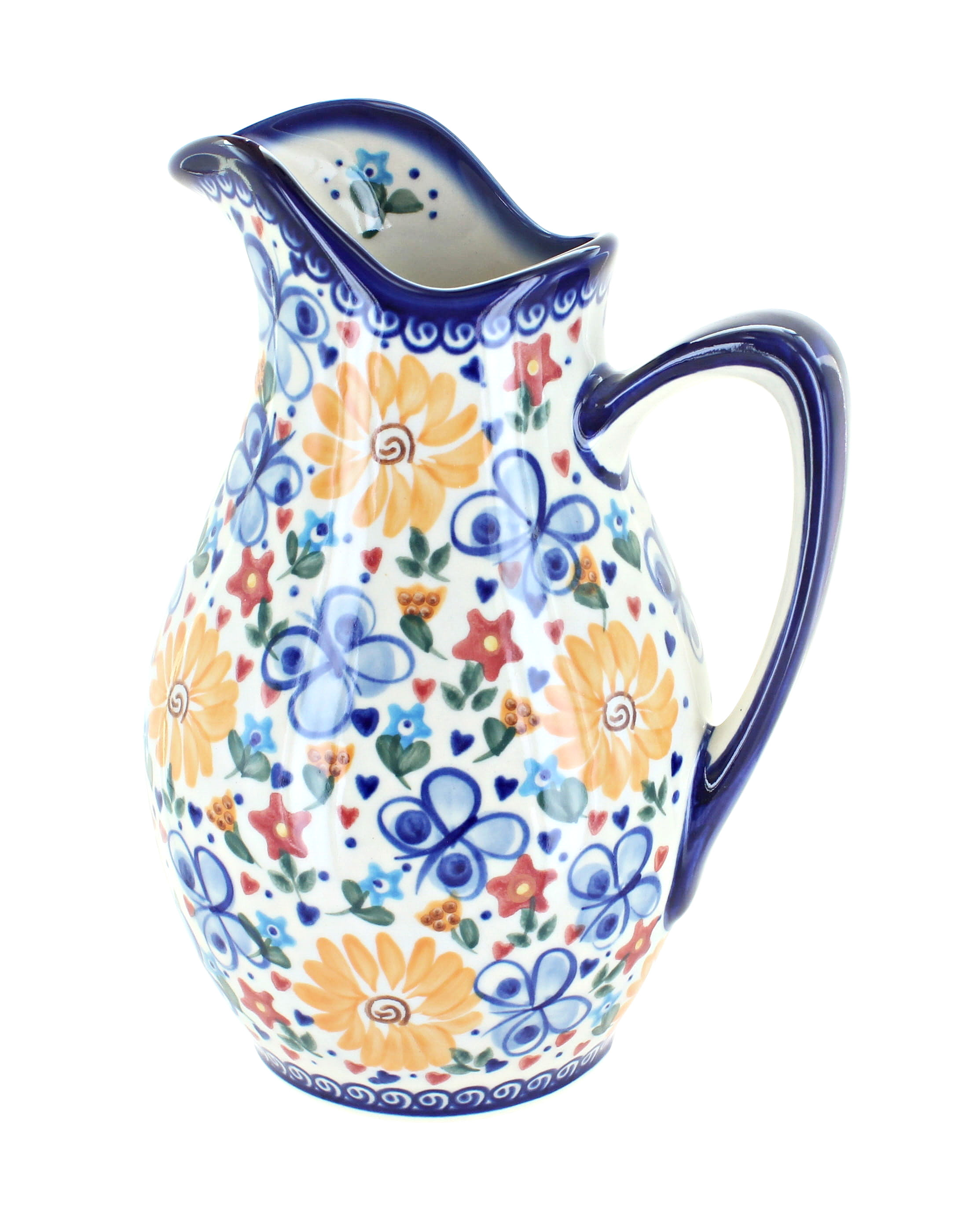 Polish Pottery Unikat Water Pitcher Handmade Multicolor Stoneware fashion Blue Flowers