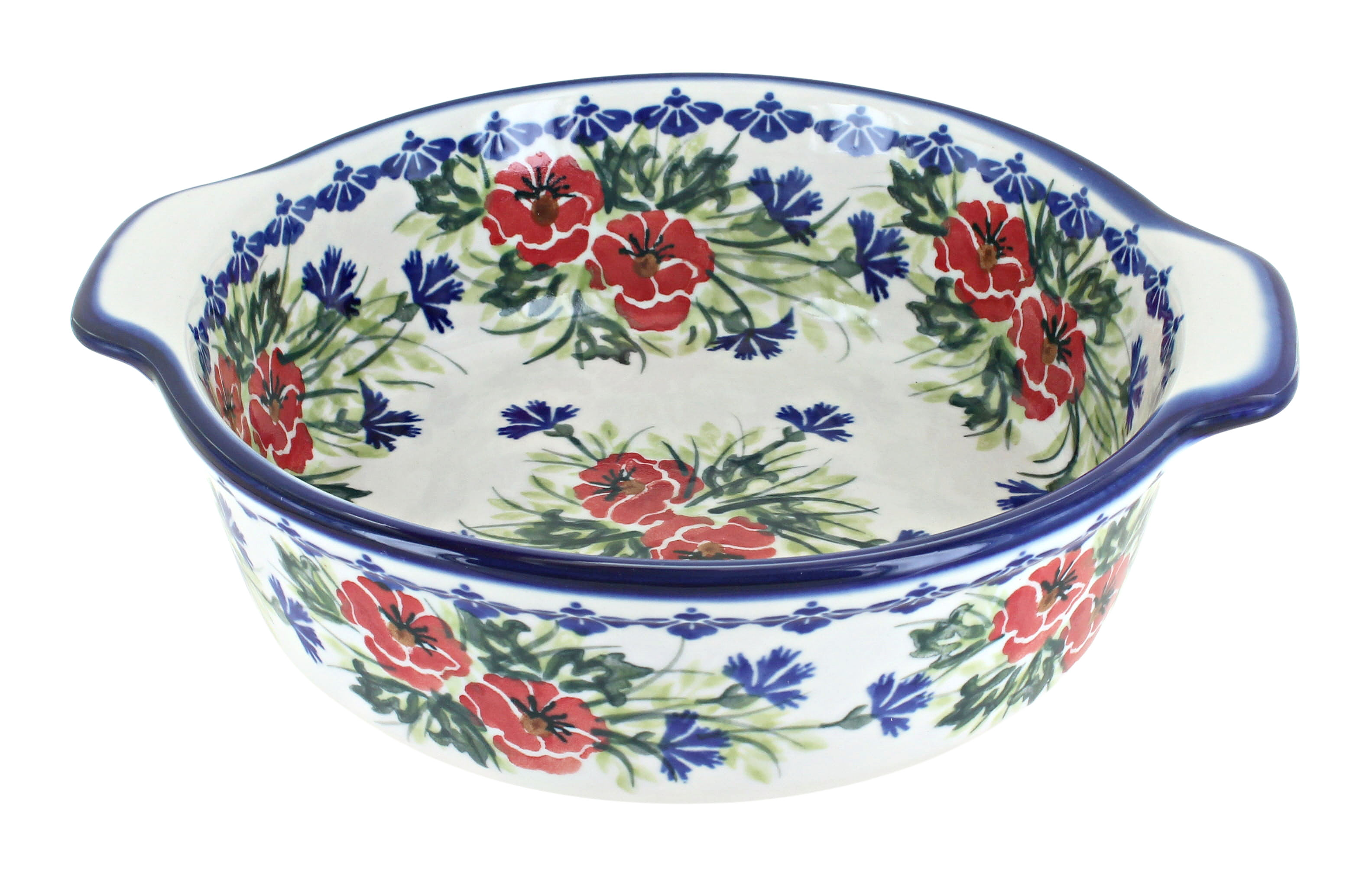 Blue Rose Polish Pottery | Cherry Red Bouquet Round Baker