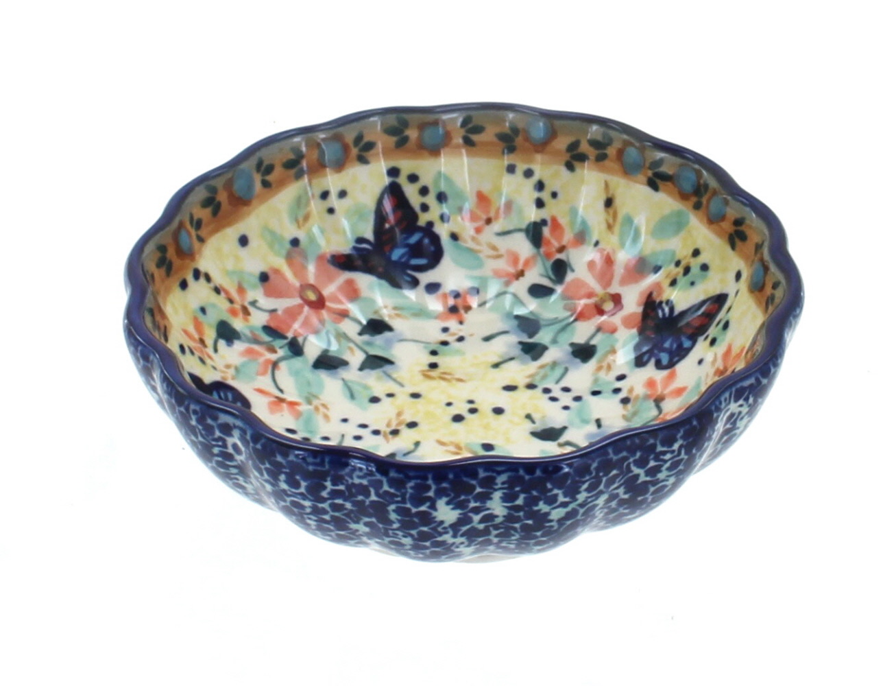 Blue Rose Polish Pottery Blue Butterfly Small Scallop Bowl