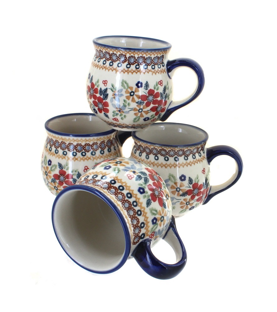 Blue Rose Polish Pottery Red Daisy 4 Piece Bubble Mug Set