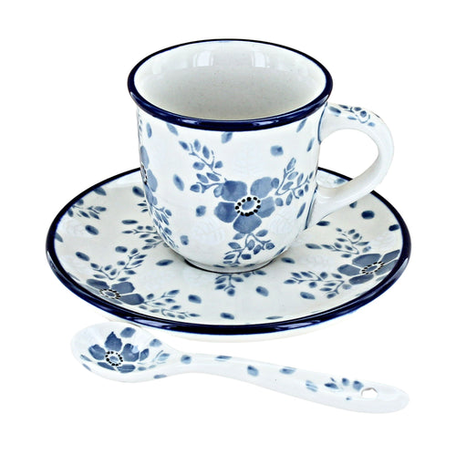 Polish Pottery Blue Fleur Espresso Cup & Saucer with Spoon