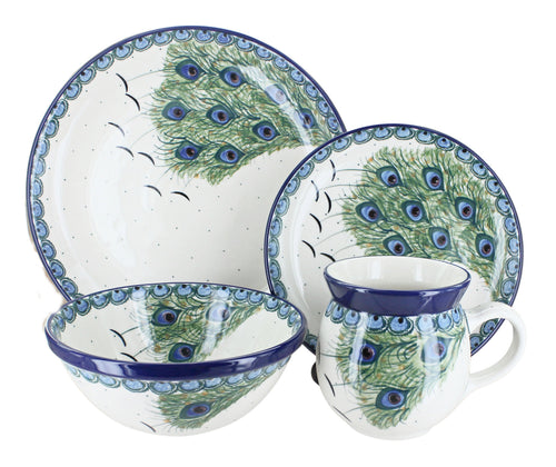 Polish Pottery Peacock Feather 4 Piece Place Setting - Service for 1