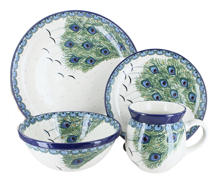 Polish Pottery Peacock Feather 16 Piece Dinner Set