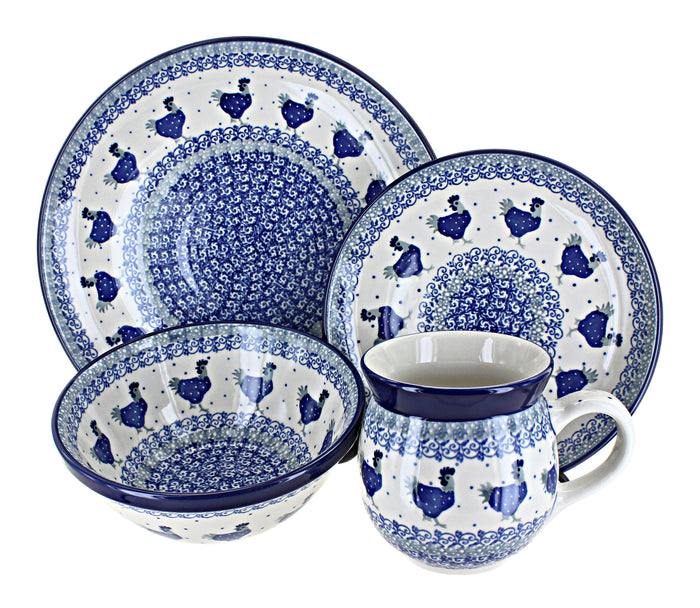 Polish Pottery Barnyard Rooster 4 Piece Place Setting - Service for 1