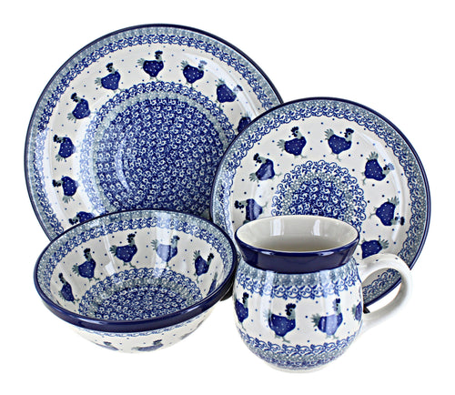Polish Pottery Barnyard Rooster 16 PC Dinnerware Set
