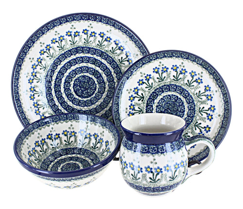 Polish Pottery Blue Posy 4 Piece Place Setting - Service for 1