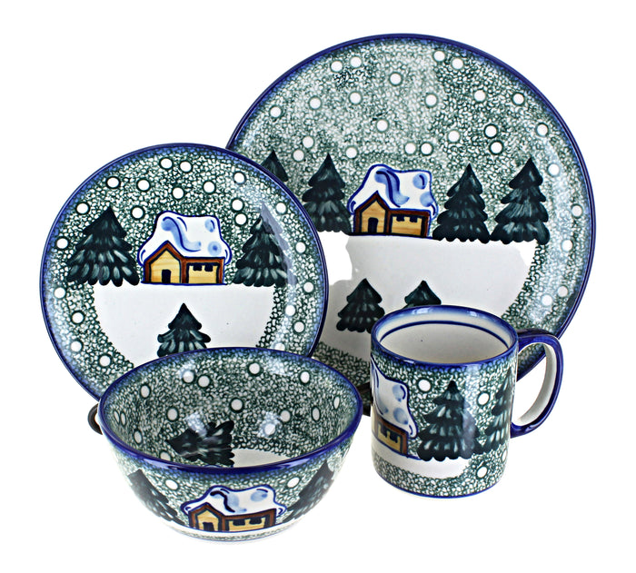 Polish Pottery Winter Forest 16 PC Dinnerware Set - Green