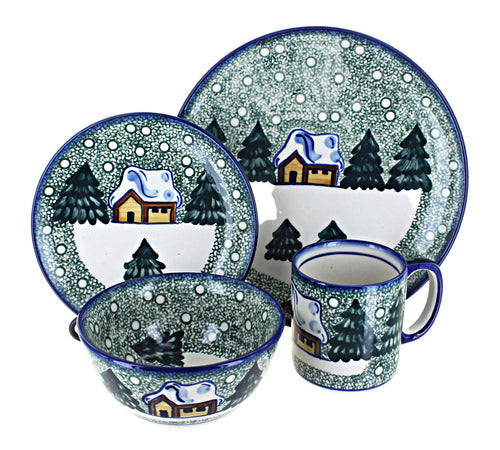 Polish Pottery Winter Forest 4 PC Place Setting - Service for 1 - Green