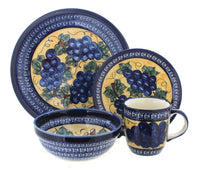 Polish Pottery Grapes 16 Piece Dinner Set with Cobalt Trim