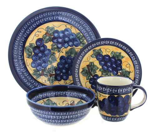 Polish Pottery Grapes 16 Piece Dinner Set with Cobalt Trim