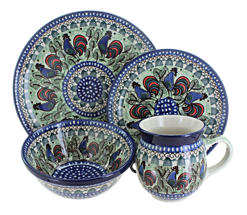 Polish Pottery Rooster Row 4 PC Place Setting - Service for 1