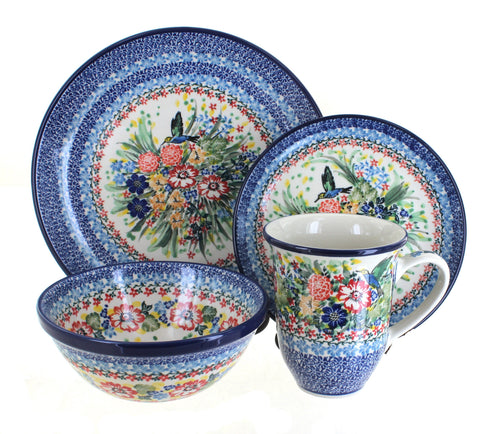 Polish Pottery Hummingbird 16 Piece Dinner Set with Large Coffee Mug