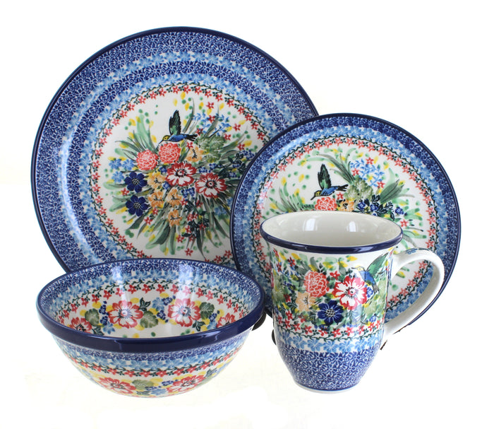 Polish Pottery Hummingbird 16 Piece Dinner Set with Large Coffee Mug