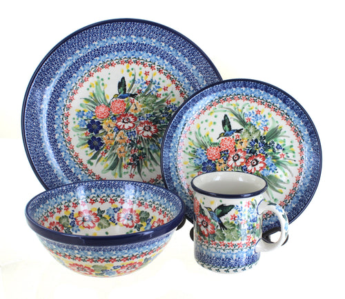Polish Pottery Hummingbird 4 Piece Place Setting - Service for 1 with Small Coffee Mug
