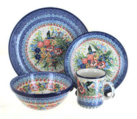 Polish Pottery Hummingbird 16 Piece Dinner Set with Small Coffee Mug