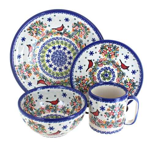 Polish Pottery Winter Cardinal 16 PC Dinnerware Set