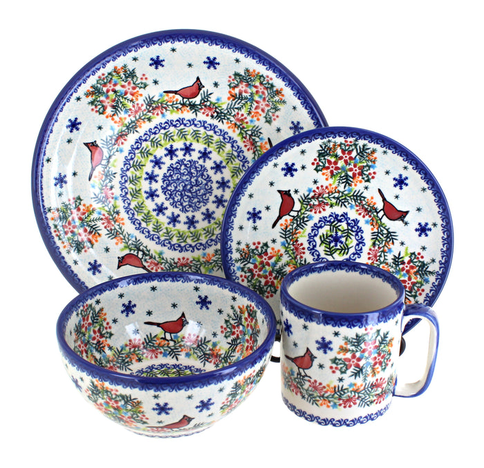 Polish Pottery Winter Cardinal 4 PC Place Setting - Service for 1
