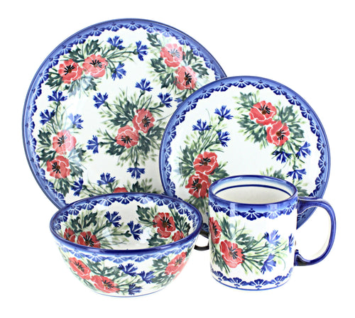 Polish Pottery Cherry Red Bouquet 4 PC Place Setting - Service for 1