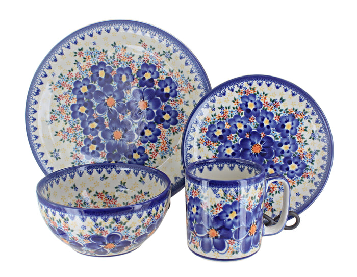 Polish Pottery Blue Dahlia 4 Piece Place Setting - Service for 1