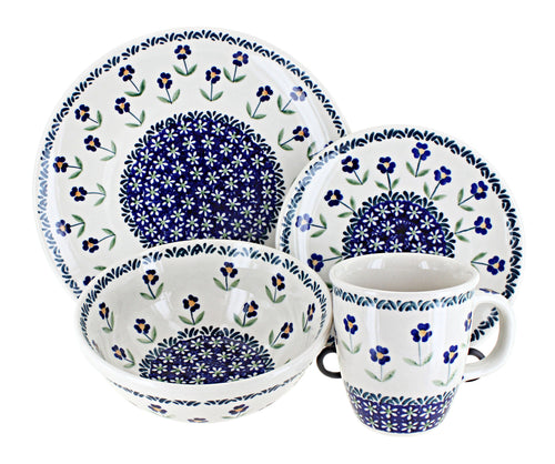 Polish Pottery Blue Daisy 16 Piece Dinner Set