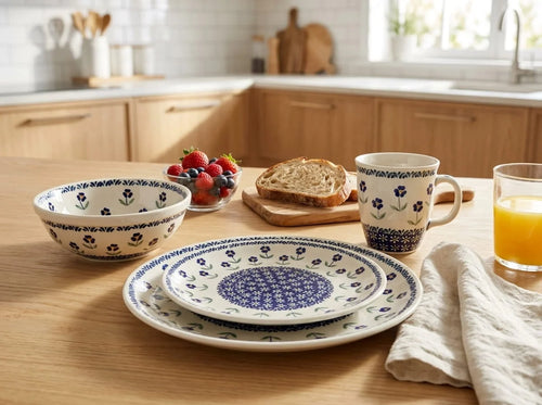Polish pottery Blue Daisy dinnerware set on a breakfast table