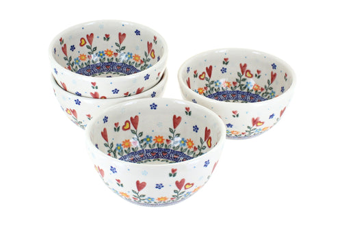 Polish Pottery Hearts & Flowers 4PC Dessert Bowl Set