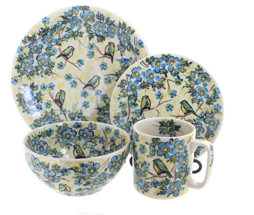 Polish Pottery Bluebird Garden 4 Piece Place Setting - Service for 1