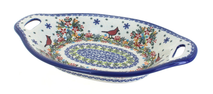 Polish Pottery Winter Cardinal Bread Tray with Handles