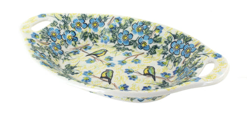 Polish Pottery Bluebird Garden Bread Tray with Handles