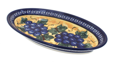 Grapes Small Oval Platter with Cobalt Trim Polish Pottery