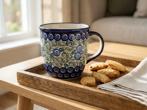 Polish pottery Seaside Swirl coffee mug on wooden coffee table tray next to cookies and a napkin