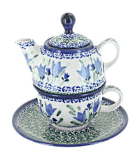 Polish Pottery Blue Tulip Individual Teapot & Cup
