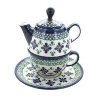 Polish Pottery Mosaic Flower Individual Teapot & Cup