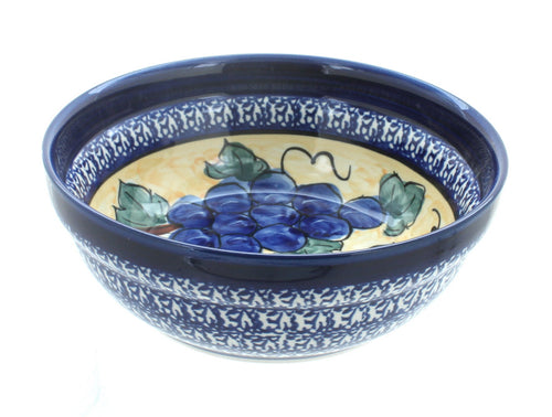Polish Pottery Grapes Cereal/Soup Bowl w/ Cobalt Rim